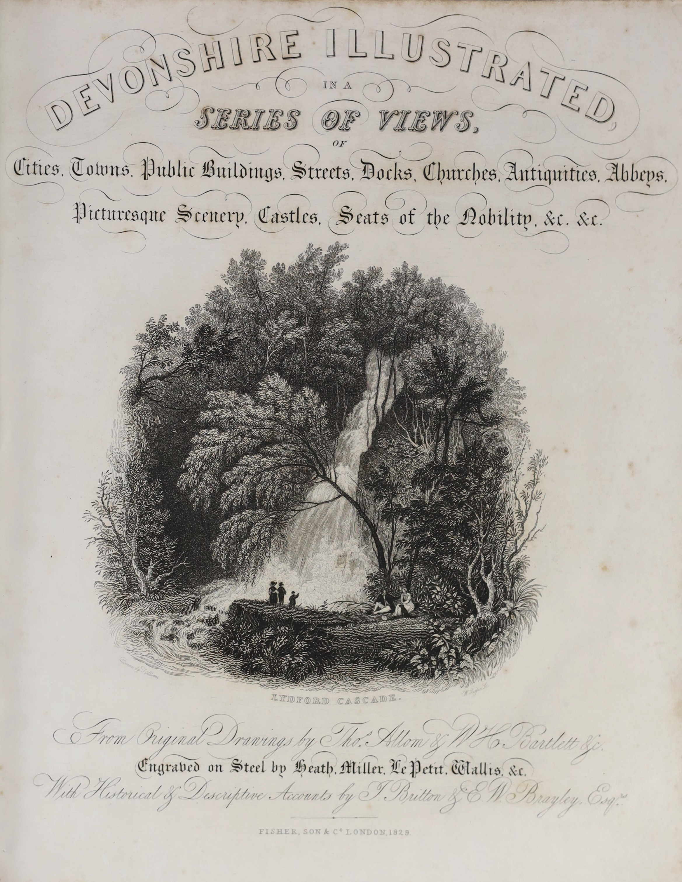 DEVON & CORNWALL - Britton, John - Devonshire & Cornwall Illustrated, 2 vols in 1, 4to, contemporary crushed green morocco, with 2 engraved titles, 2 maps and 138 views on 69 sheets, light sporadic spotting throughout, L